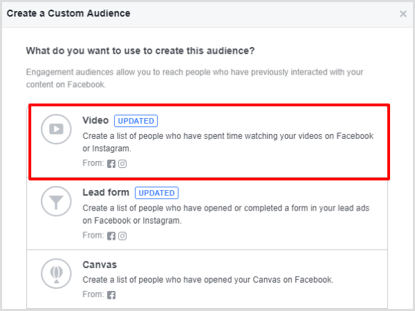 Wählen Sie die Option "Video-Engagement" für Ihre benutzerdefinierte Facebook-Zielgruppe.