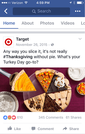 Dieser Thanksgiving-Beitrag von Target wird sowohl auf Desktop- als auch auf mobilen Feeds gut angezeigt.