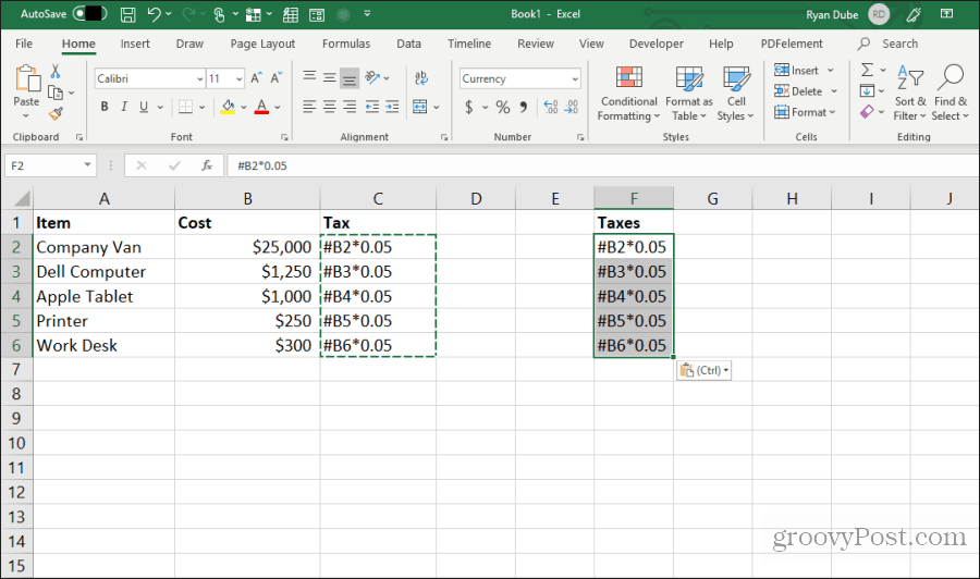 Einfügen bearbeiteter Formeln in Excel