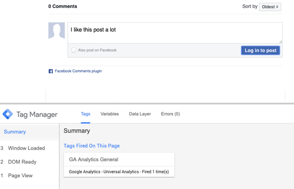 Verwenden Sie den Google Tag Manager mit Facebook, Schritt 23, Vorschau des Kommentars mit zusammenfassender Auswahl für das ausgelöste Facebook-Tag