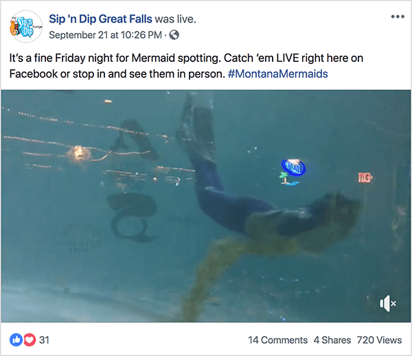 Dies ist ein Screenshot eines Live-Videos der Meerjungfrauenshow in der Sip 'n Dip Lounge. Jay Baer sagt, die Meerjungfrauenshow sei ein Beispiel für einen Gesprächsauslöser.