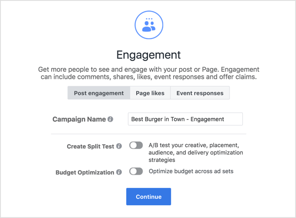 Geben Sie einen Namen für eine Facebook-Engagement-Kampagne ein.