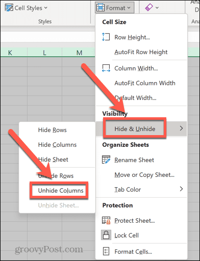 excel format menü spalten einblenden