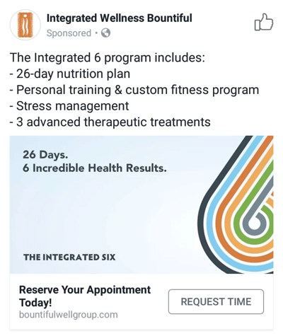 Facebook-Anzeigentechniken, die Ergebnisse liefern, beispielsweise von Integrated Wellness Bountiful, die Terminzeiten anbieten