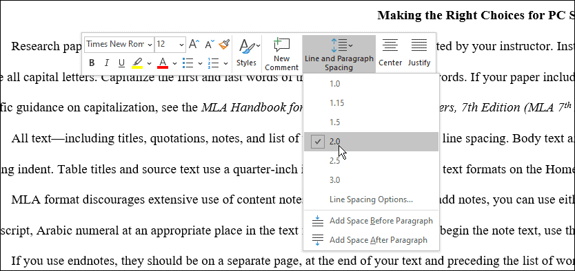 Abstände verwenden das mla-Format in Microsoft Word
