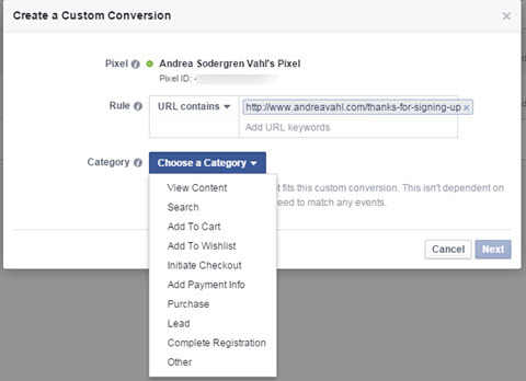 Facebook benutzerdefinierte Conversions Kategorie