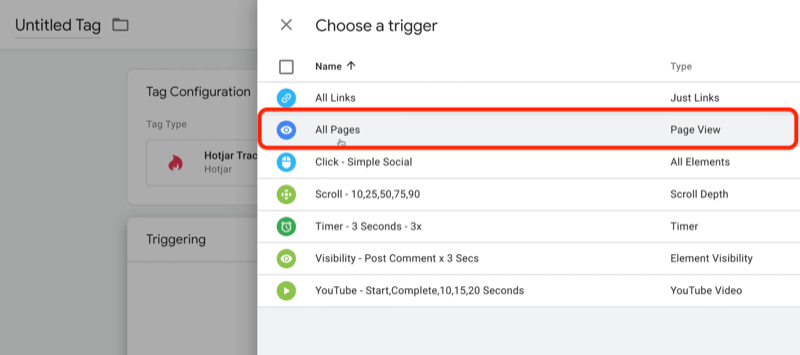 neues Google Tag Manager-Tag mit Auswahl eines Trigger-Menüs mit mehreren vermerkten Optionen, einschließlich Klick - einfach sozial, Scrollen - 10,25,50,75,90, Zeit - 3 Sekunden - 3x, unter anderem mit allen ausgewählten Seiten