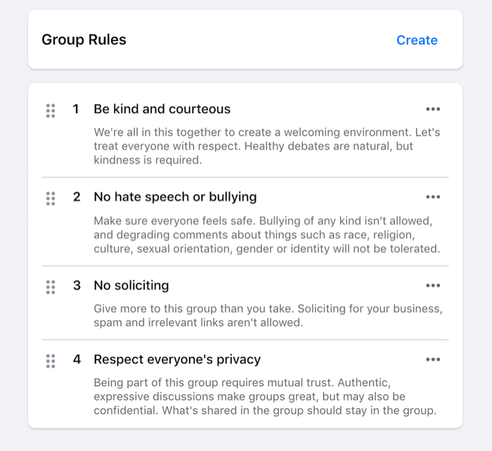 Beispiel für Regeln, die für eine Facebook-Gruppe festgelegt wurden, z. B. Freundlichkeit, keine Hassrede, keine Werbung usw.