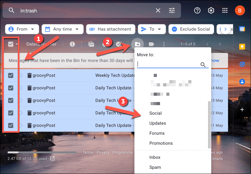 Verschieben von E-Mails außerhalb des Gmail-Papierkorbordners