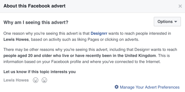 Facebook zeigt detaillierte Targeting-Informationen für eine Facebook-Anzeige an.