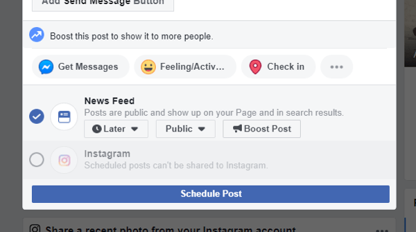 So posten Sie von Facebook auf dem Desktop auf Instagram, Beispiel für die Option "Auf Instagram posten", die beim Planen eines Facebook-Posts nicht mehr verfügbar ist