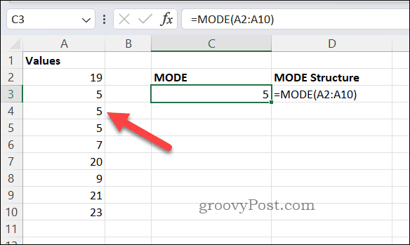 MODE-Formelergebnis in Excel