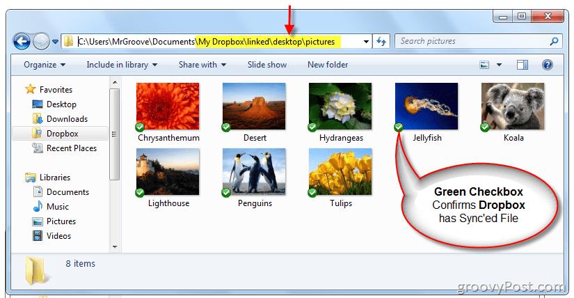 Windows Explorer bestätigt, dass Symlink erstellt wurde und Dropbox Dateien synchronisiert