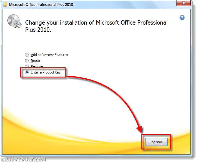 Office 2010-Bildschirm zum Ändern des Produktschlüssels