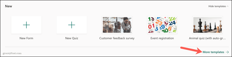 Klicken Sie auf Weitere Vorlagen in Microsoft Forms