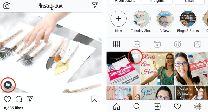 Das Symbol für Instagram-Rollen wird auf einem Feed-Post und auf einem Profilgitterquadrat angezeigt