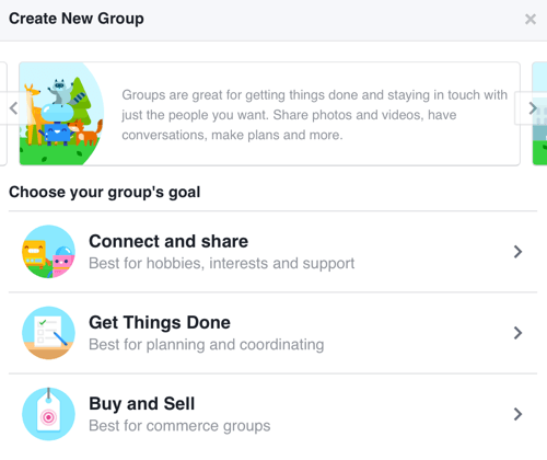 Um eine Facebook-Gruppe zum Aufbau einer Community zu erstellen, wählen Sie Verbinden und Teilen.
