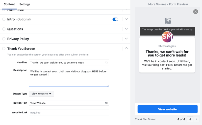 Dankesbildschirm für Facebook-Formular zur Lead-Generierung einrichten