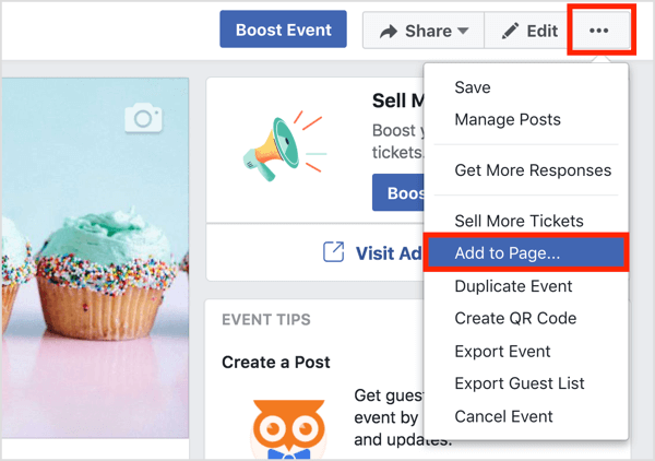 Klicken Sie oben auf der Facebook-Ereignisseite auf die Schaltfläche mit den drei Punkten und wählen Sie Zur Seite hinzufügen.
