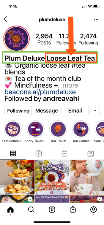 Beispiel für ein Instagram-Profil für @splumdeluxe mit den Schlüsselwörtern "Plum Deluxe" und "Loose Leaf Tea" in der Biografie ihrer Seite, sodass sie in den Suchergebnissen gut angezeigt werden