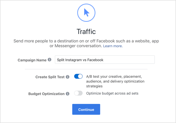 Fügen Sie den Kampagnennamen hinzu und wählen Sie die Option "Geteilten Test erstellen" für die Facebook Traffic-Kampagne