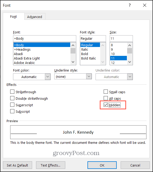 Aktivieren Sie das Kontrollkästchen für versteckten Text in Microsoft Word unter Windows