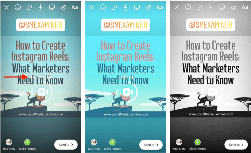 Beispiel für Instagram-Storys-Filter mit einem Aufkleber, auf dem der Name des Filters angezeigt und zur Identifizierung hervorgehoben wird