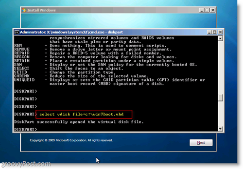 Windows 7 Native VHD Dual Boot installieren Wählen Sie VHD in der CMD-Eingabeaufforderung aus