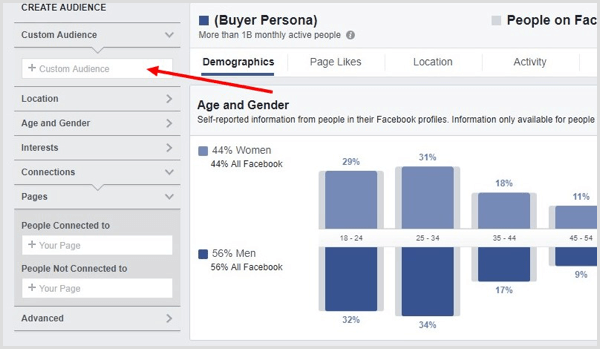 Wählen Sie in Facebook Audience Insights eine benutzerdefinierte Zielgruppe aus, die Sie erstellt haben.