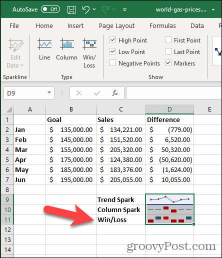 Win / Loss Sparkline in Excel