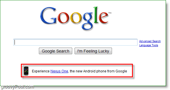 Nexus One wird auf der Google-Startseite beworben.