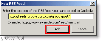 Screenshot Microsoft Outlook 2007 - Geben Sie einen neuen RSS-Feed ein