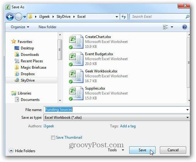 Speichern Sie das Excel-Dokument in SkyDrive