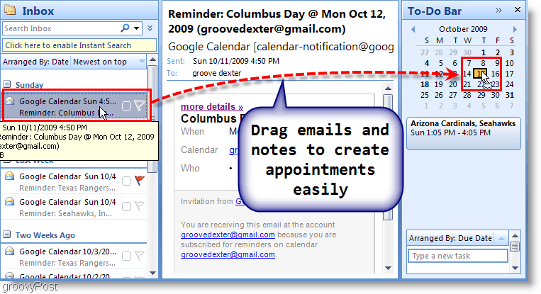 Outlook 2007-Aufgabenleiste - Ziehen Sie die E-Mail in den Kalender