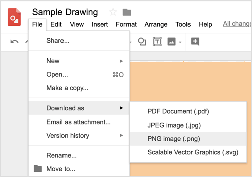 Wählen Sie "Datei"> "Herunterladen als"> "PNG-Bild" (.png), um Ihr Google Drawings-Design herunterzuladen.