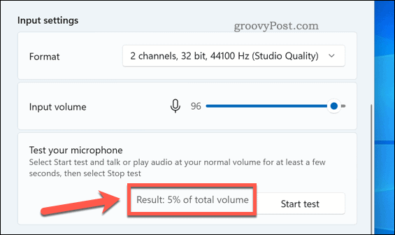 Der Ergebnisprozentsatz eines Mikrofontests unter Windows 11