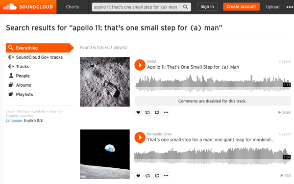 Durchsuchen Sie die Mediendateien der NASA in SoundCloud, um Audio von historischen Momenten wie dem ersten Spaziergang auf dem Mond zu finden und herunterzuladen.