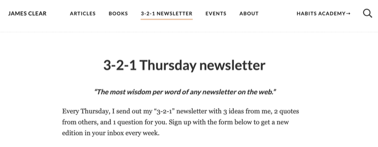 James Clear 3-2-1 Newsletter-Seite auf der Website