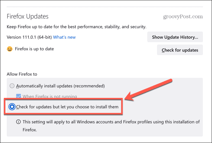 Firefox wählt die Installation von Updates