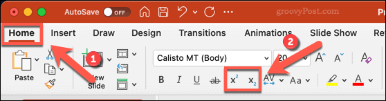 Symbole zum Ändern von Text in tiefgestellt oder hochgestellt in PowerPoint auf Mac