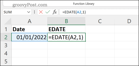 Eingeben einer EDATE-Formel in die Formelleiste in Excel