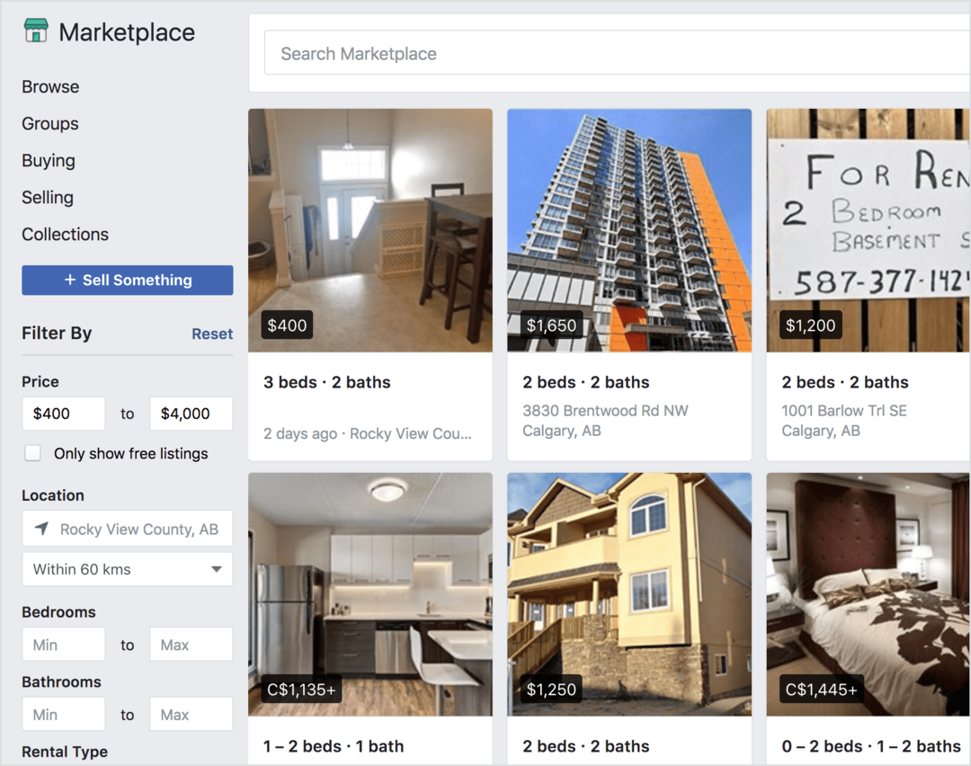 Facebook Marketplace bietet Mietobjekte zum Verkauf an.