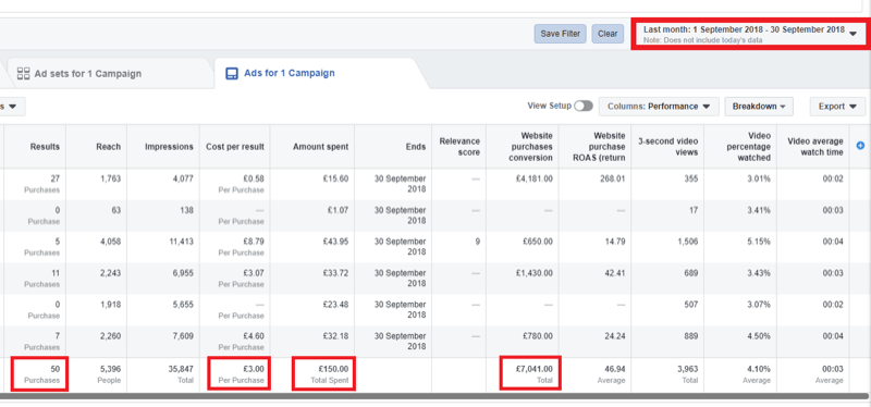 Social Media Marketing Strategie; Screenshot der Analyse im Facebook Ads Manager.