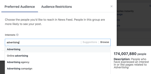 Sobald Sie ein Interesse eingegeben haben, schlägt Facebook Ihnen zusätzliche Interessentags vor.