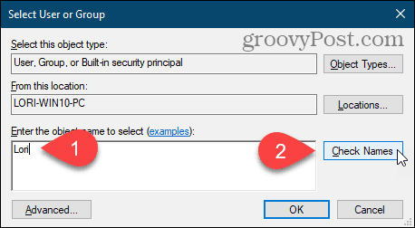 Klicken Sie auf Namen überprüfen, um den Benutzernamen im Dialogfeld Benutzer oder Gruppe auswählen in der Windows-Registrierung einzugeben