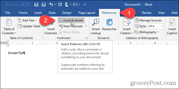 Klicken Sie in Word auf Endnote