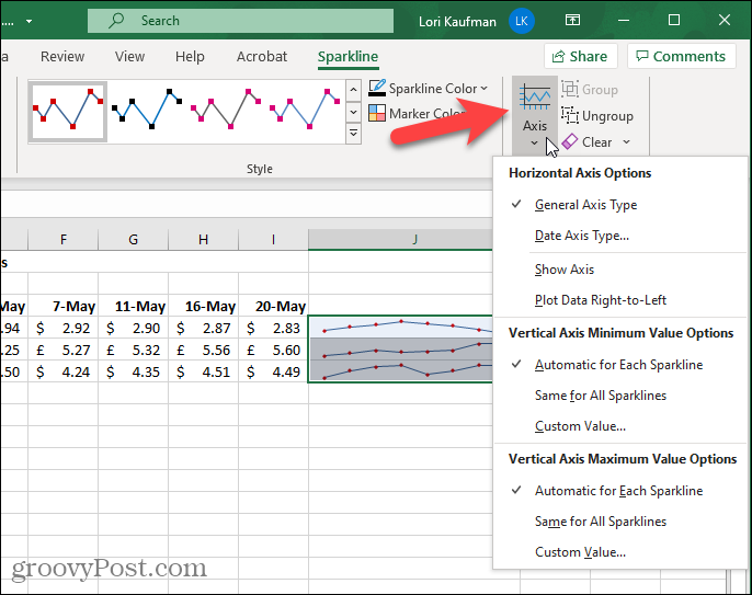 Schaltfläche "Achse" auf der Registerkarte "Sparkline" in Excel
