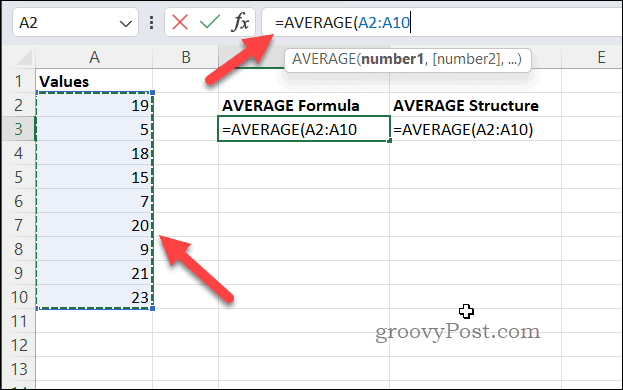 Erstellen einer Formel mit AVERAGE in Excel