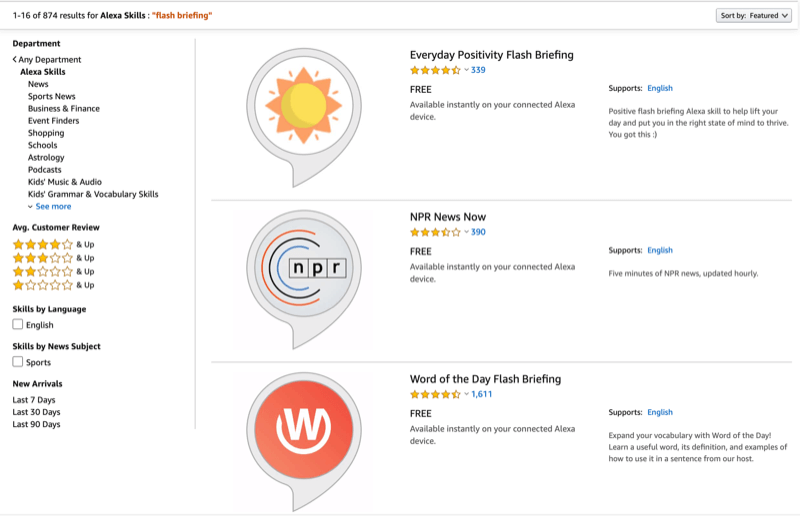 Screenshot der Flash-Briefing-Angebote im Alexa Skills Store