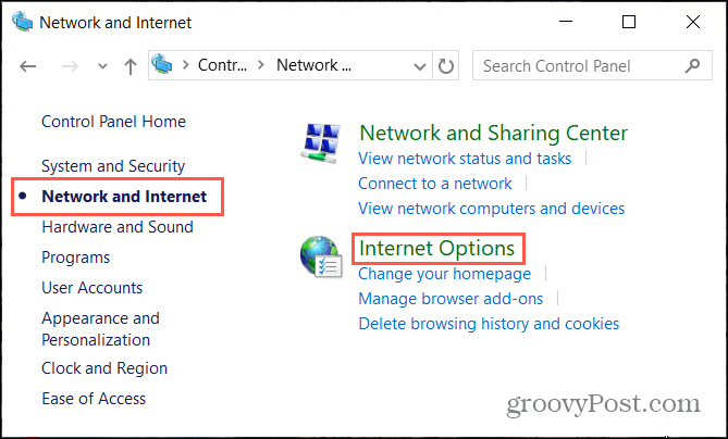 Netzwerk-Internetoptionen in der Windows-Systemsteuerung